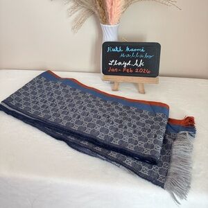 Gucci Scarf Blue and Gray Patterned Scarf with Orange Accents